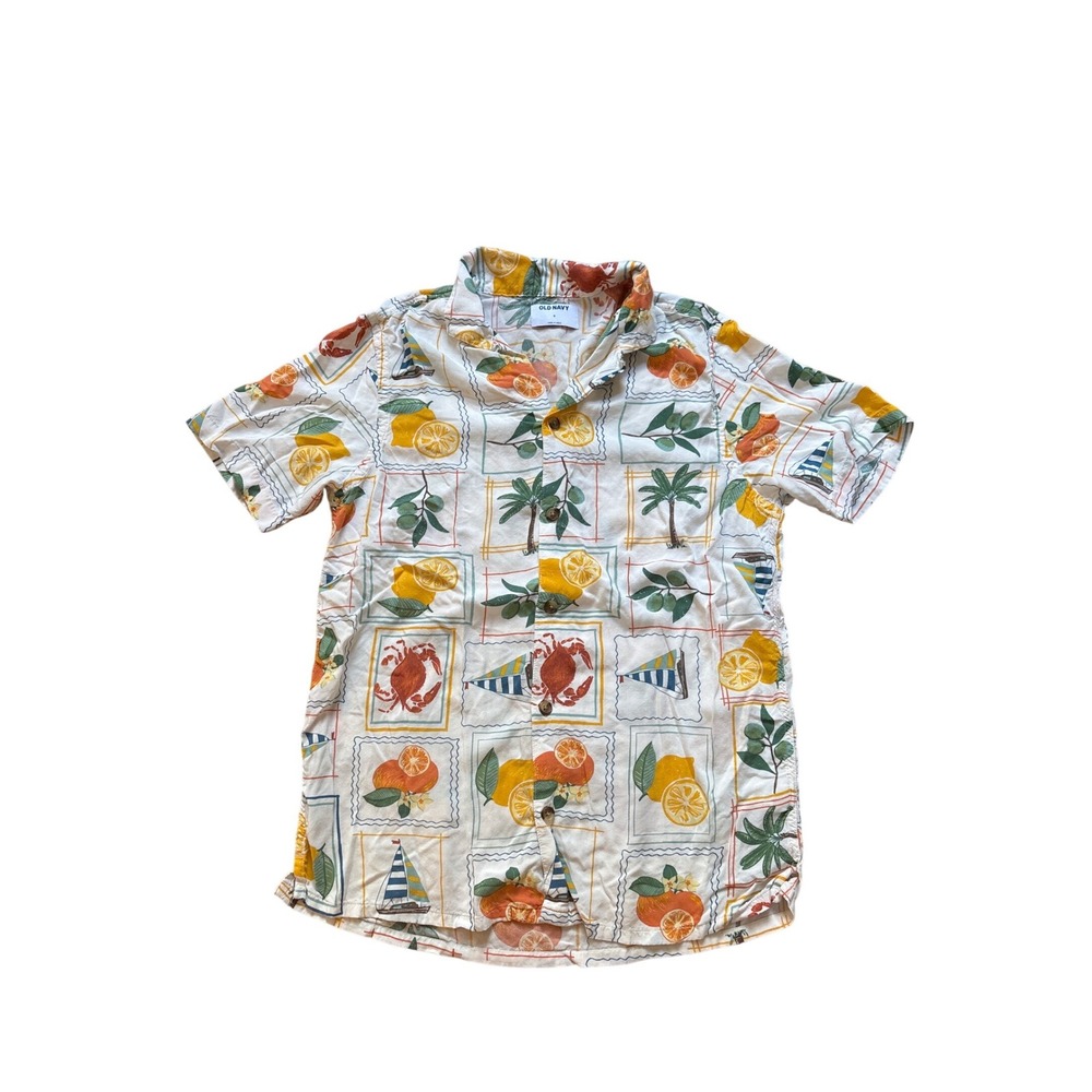 Old Navy Button Down Shirt Womens White Tropical Stamp Print SIZE S